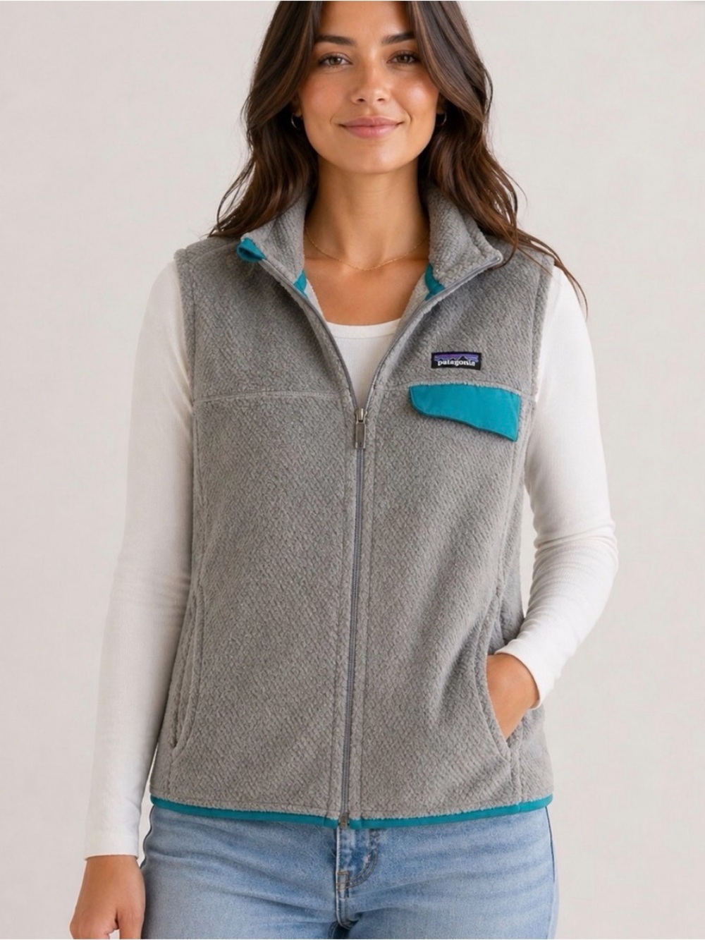 Patagonia Re-Tool Gray Fleece Vest with Teal Trim